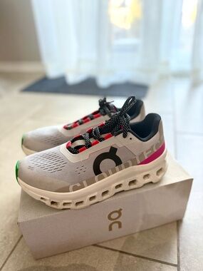 On Running White Sneakers with Pink & Green Accents women USW8 cloudmonster